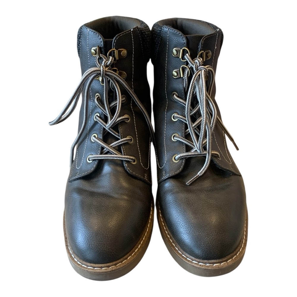 St. John's Bay Durham Black Faux Leather Women’s Boots Lace‎ Up Memory Foam Sz 9